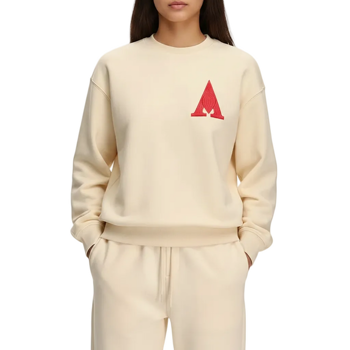 Beige Unisex Embroidered Letter A Sweatshirt Casual Round Neck Cotton Blend Pullover Top On Sale