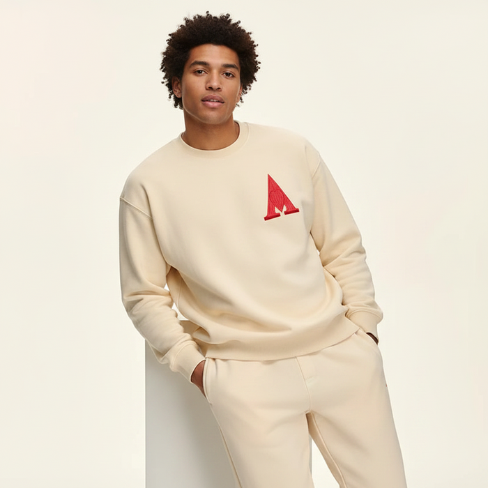 Beige Unisex Embroidered Letter A Sweatshirt Casual Round Neck Cotton Blend Pullover Top On Sale