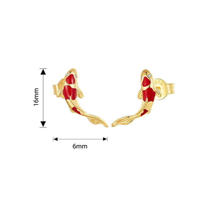 925 Sterling Silver Plated White Gold Lucky Red Gold Koi Fish Stud Earrings Set On Sale