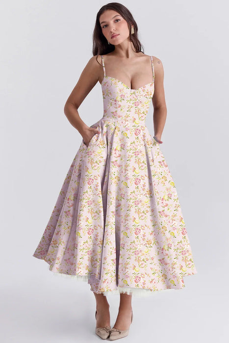 Pink Floral Printed A-Line Vintage Style Temperament Dress On Sale