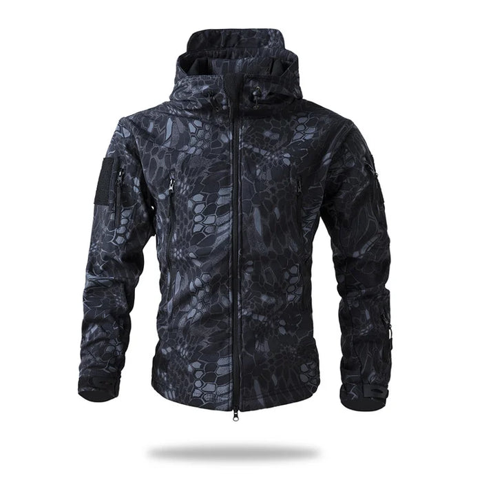 Black Scale Pattern Men’s Waterproof Softshell Jacket with Fleece Lining – Hooded Outdoor Camouflage Coat On Sale