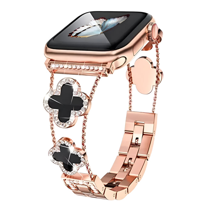 Rose Gold Black Cloverleaf Diamond Women Stainless Steel Apple Watch Bracelet For Ultra, 49mm, 46mm, 45mm, 44mm, 42mm, 41mm, 40mm, 38mm On Sale