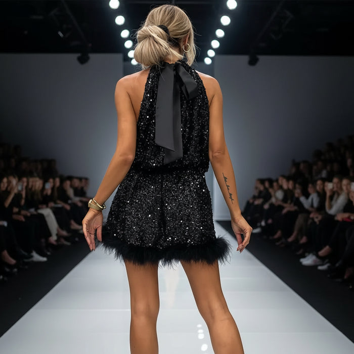 Women’s Black Glitter Sequin Off-Shoulder Halter Cocktail Midi Dress