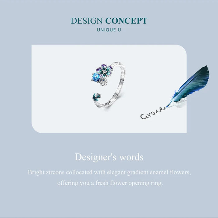 925 Sterling Silver Enamel Flower Adjustable Open Ring With Zircon On Sale