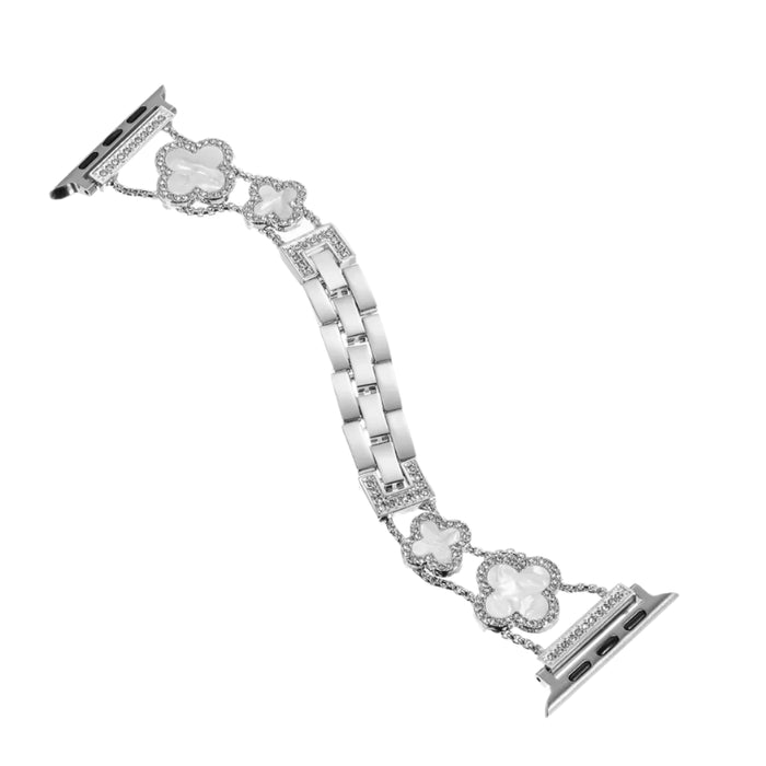 Silver White Cloverleaf Diamond Women Stainless Steel Apple Watch Bracelet For Ultra, 49mm, 46mm, 45mm, 44mm, 42mm, 41mm, 40mm, 38mm On Sale