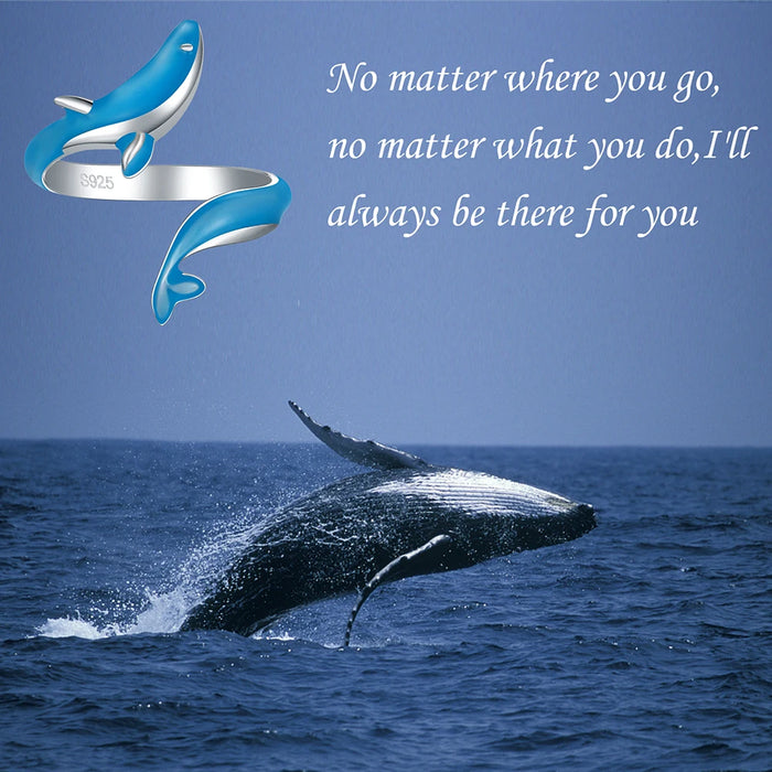 925 Sterling Silver White Gold Plated Glow-in-the-dark Enamel Whale Adjustable Rings On Sale