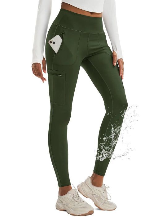 Army Green High-Waisted Women’s Hiking Leggings with Side Zipper Pockets On Sale