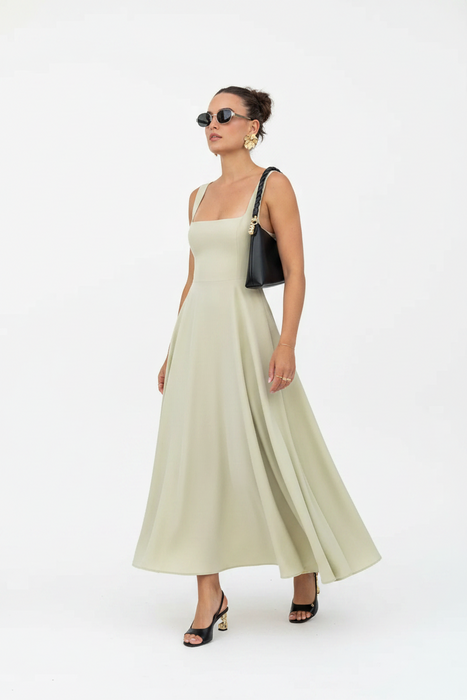 Elegant High-Waisted Squared Neckline Sleeveless A-line Sling Maxi Green Dress On Sale