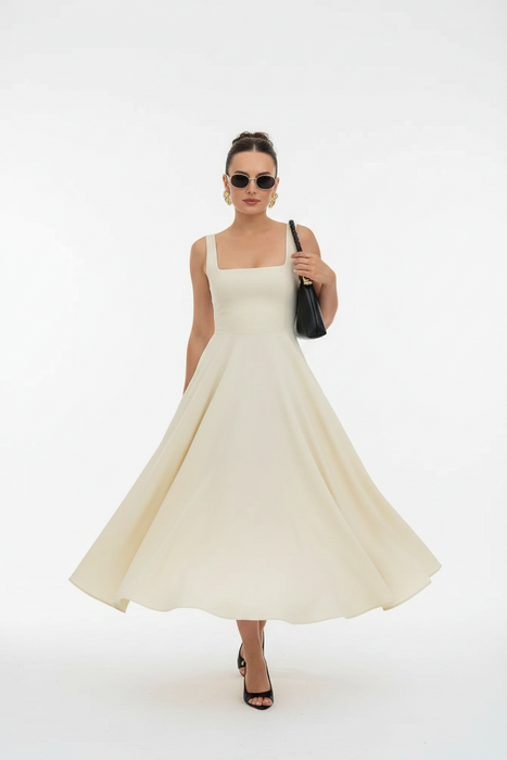 Elegant High-Waisted Squared Neckline Sleeveless A-line Sling Maxi Dress