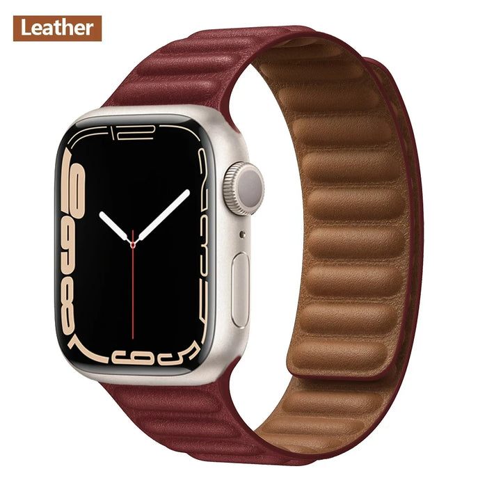Wine Red Leather Link Magnetic Loop Apple Watch Band On Sale