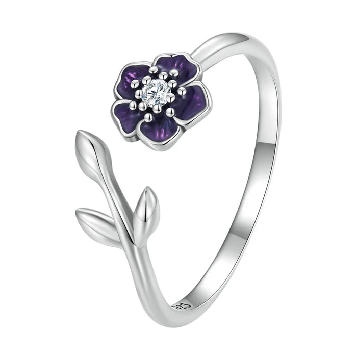 925 Sterling Silver Enamel Flower Adjustable Open Ring With Zircon On Sale