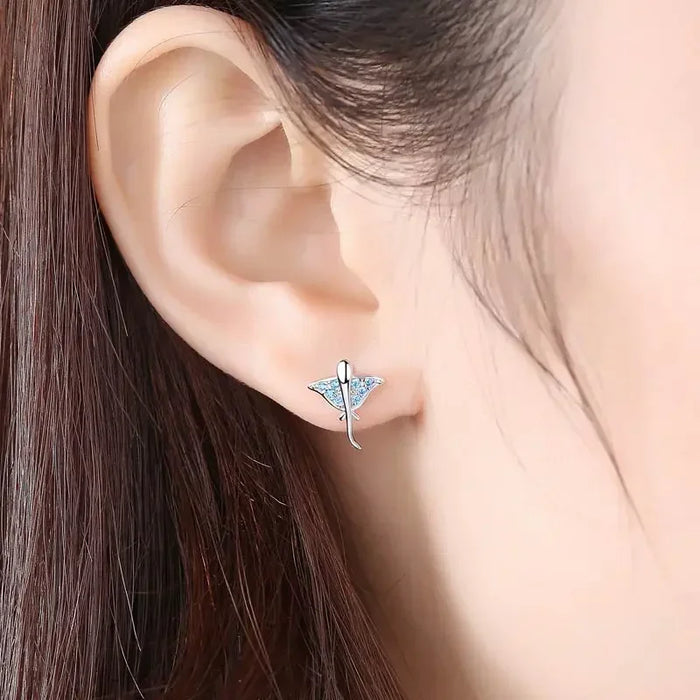 925 Sterling Silver Ocean Blue Devil Ray Stud Earrings On Sale