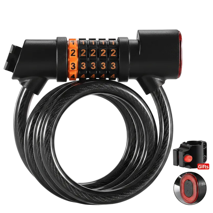 Bicycle Steel Cable Lock With Resettable 5-Digit Combination Dial And Tail Light On Sale