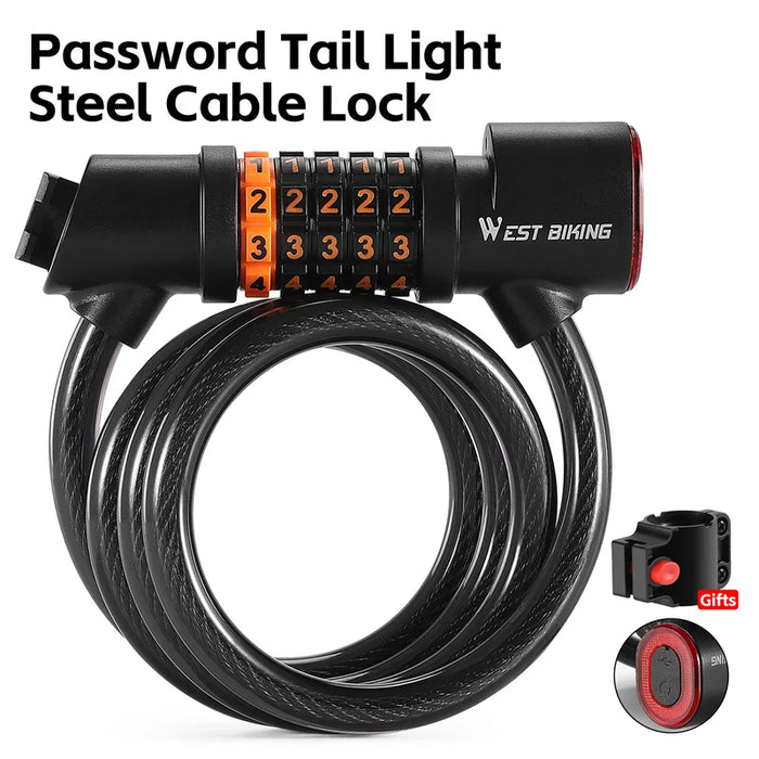 Bicycle Steel Cable Lock With Resettable 5-Digit Combination Dial And Tail Light On Sale