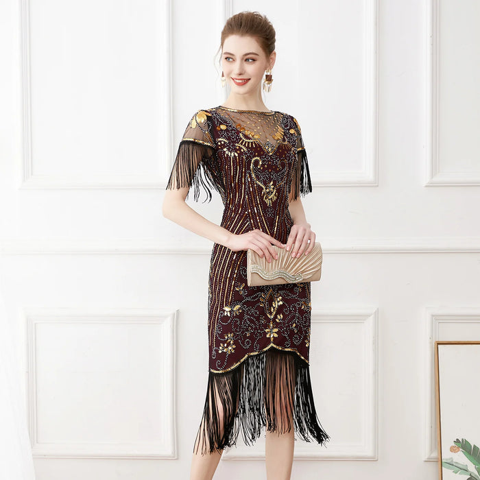 1920s Vintage Gatsby Style Red Semi-Sheer Lace Sleeve Sequin Fringed Flapper Cocktail Party Dresses On Sale