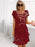 Women's Dark Red Floral Print Crew Neck Short Sleeves Tiered Chiffon Dresses On Sale