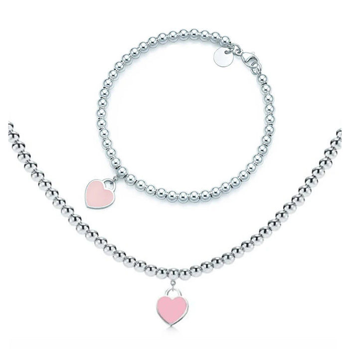 925 Sterling Silver Classic Tiffany Style Heart Charm Necklace And Bracelet Set On Sale - Pink Silver Heart
