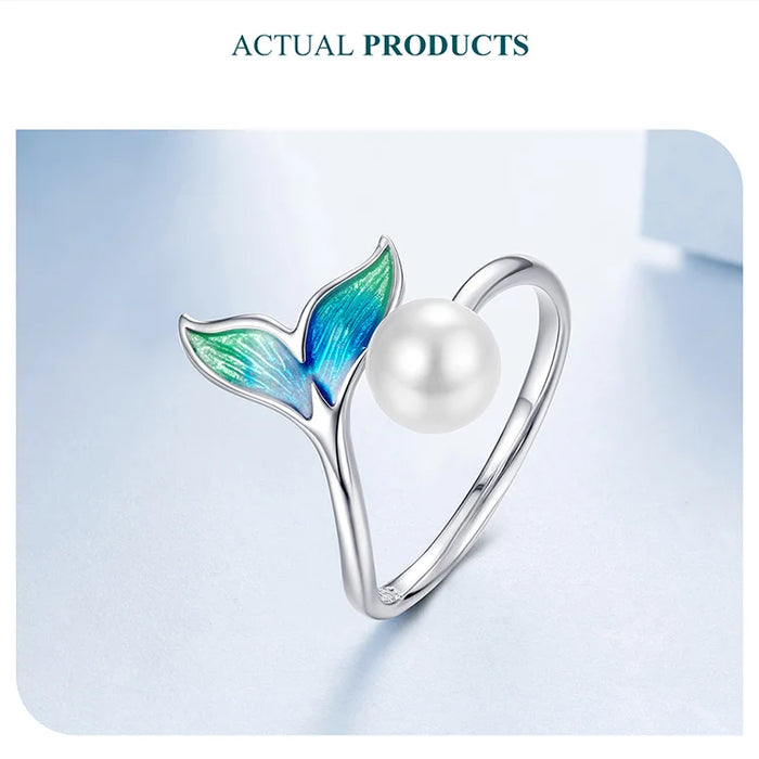 925 Sterling Silver Enamel Mermaid Tail And Pearl Adjustable Ring On Sale