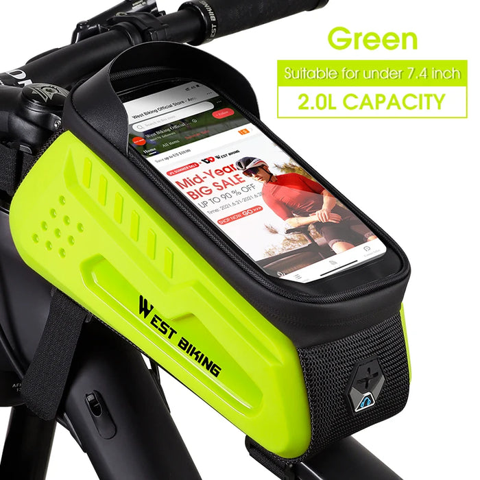 2 L Green Hard Shell Bike Frame Bag With Phone Holder Waterproof Cycling Top Tube Bag for Bikes & Scooters On Sale