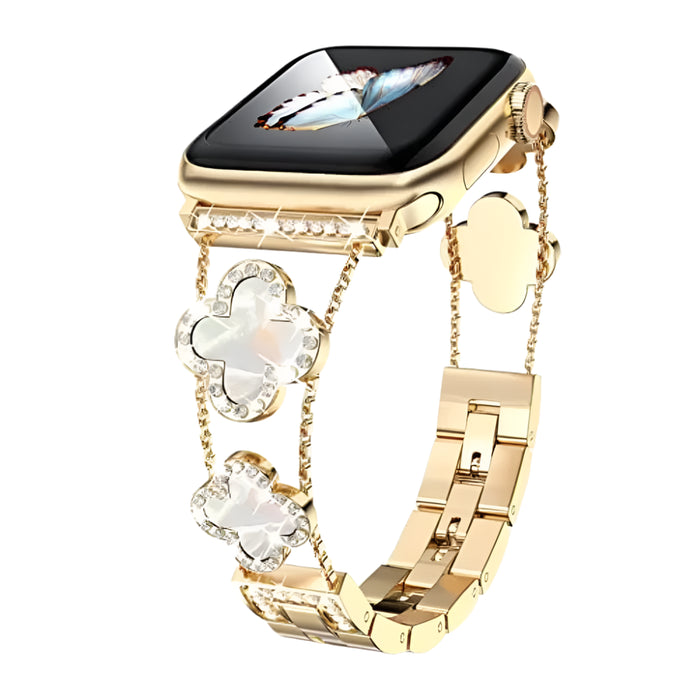 Gold White Cloverleaf Diamond Women Stainless Steel Apple Watch Bracelet For Ultra, 49mm, 46mm, 45mm, 44mm, 42mm, 41mm, 40mm, 38mm On Sale