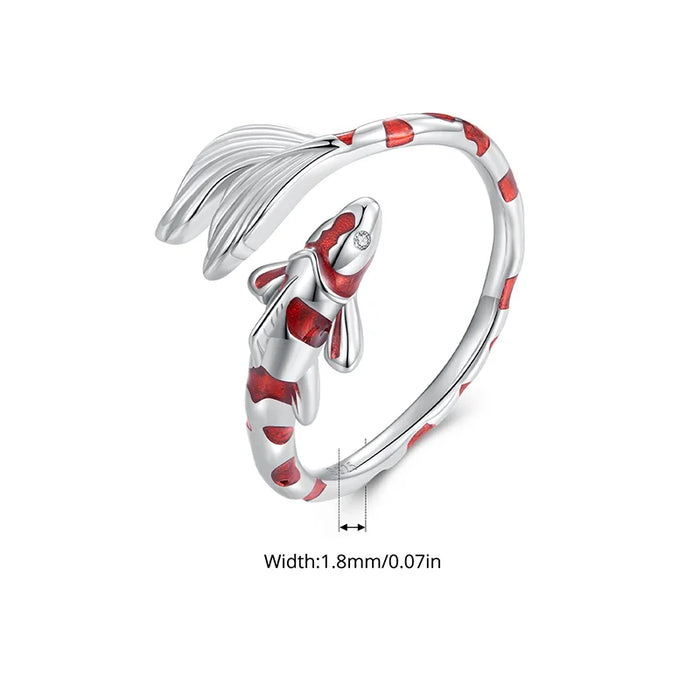 925 Sterling Silver Plated White Gold Lucky Red Koi Fish Open Ring On Sale