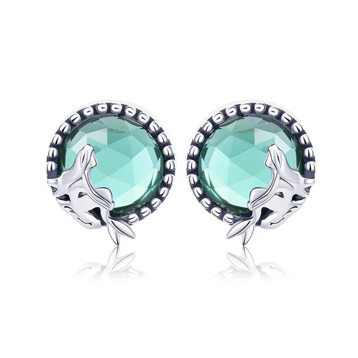 925 Sterling Silver Mermaid Light Green Glass Moon Stud Earrings On Sale