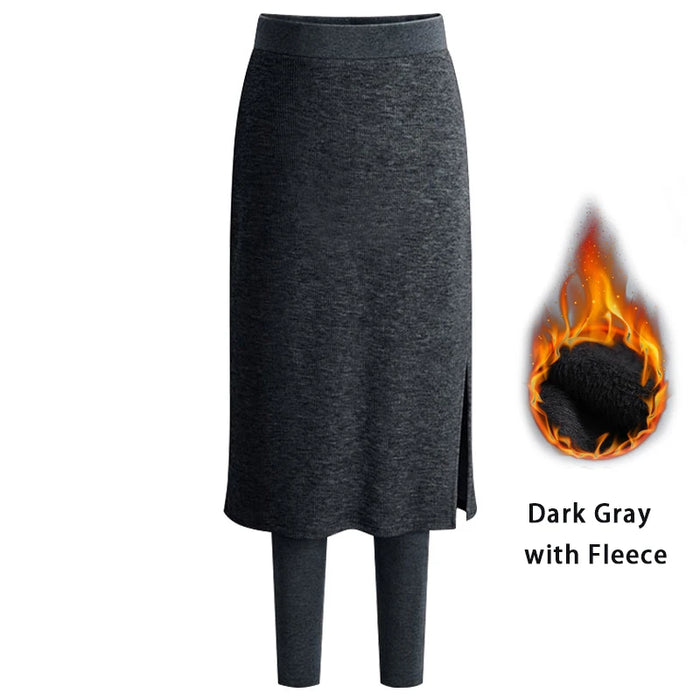 Dark Gray Soft Stretchy One Piece Fleece Midi Skirt Leggings For Winter On Sale