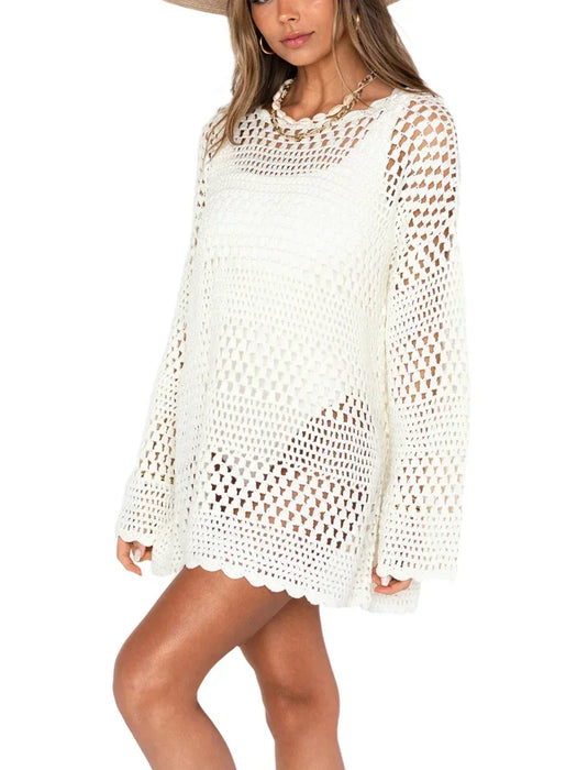 White Crochet Knitted Tunic Cover Up Bikini Beach Dress On Sale