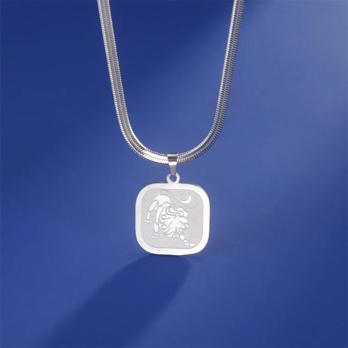 12 Constellation Zodiac Square Medallion Pendant Snake Chain Necklaces On Sale