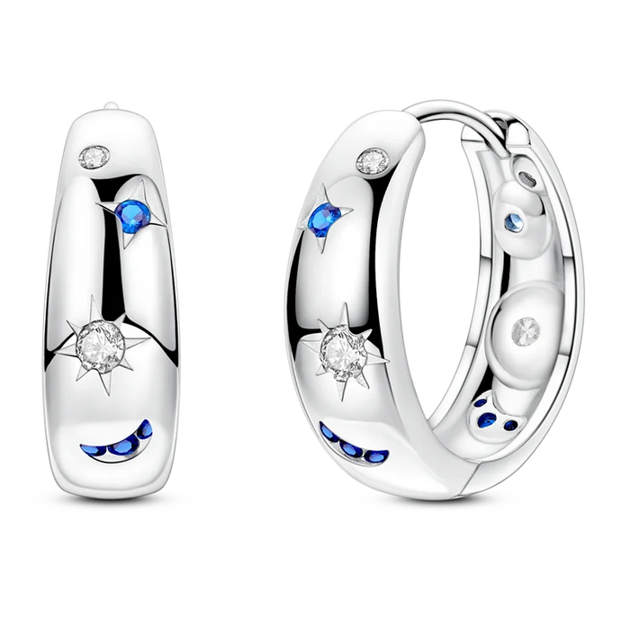 925 Sterling Silver Star Moon Round Huggie Hoop Earrings With Zircon Accents On Sale