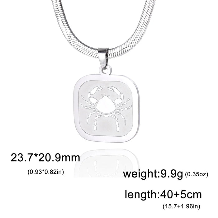 12 Constellation Cancer Zodiac Square Medallion Pendant Snake Chain Necklaces On Sale