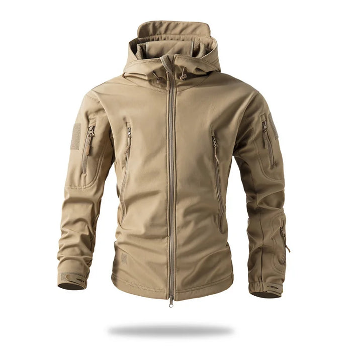 Khaki Men’s Waterproof Softshell Jacket with Fleece Lining – Hooded Outdoor Coat On Sale