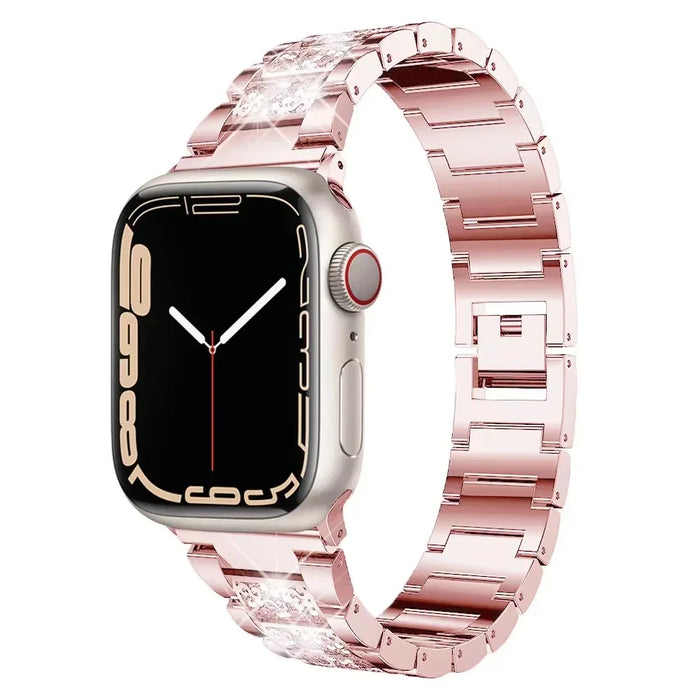 Rose Pink Stainless Steel Rhinestone Watch Band Adjustable Folding Clasp For Apple Watch Series On Sale