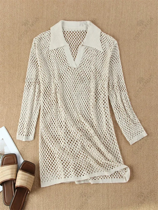 Khaki Crochet Knitted Tunic Cover Up Bikini Beach Dress On Sale
