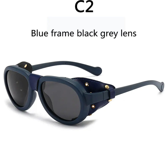 Blue Frame Chic Vintage Steampunk Goggle Style Oval Polarized Sunglasses On Sale