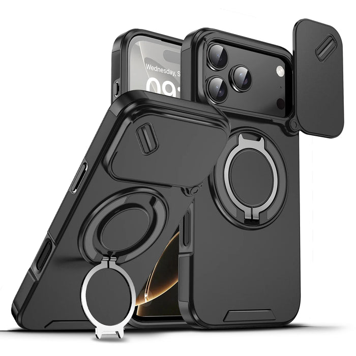 iPhone Magnetic Ring Stand Black Armor Case With Camera Protection Slide Cover For iPhone 17, 16, 15, 14, 13 Series On Sale