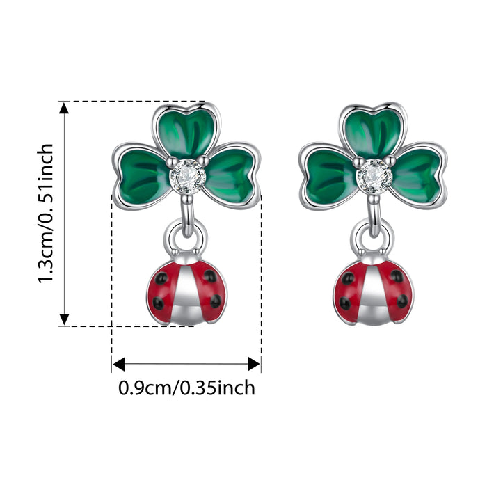 925 Sterling Silver Green Lucky Cloverleaf And Ladybug Earrings Jewelry Set On Sale