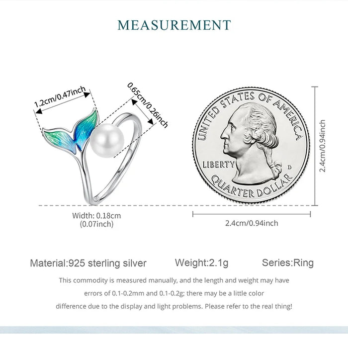 925 Sterling Silver Enamel Mermaid Tail And Pearl Adjustable Ring On Sale