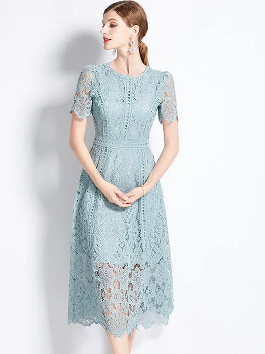 Elegant Vintage Style Green Lace Hollow Out Short Sleeve Long Dress On Sale