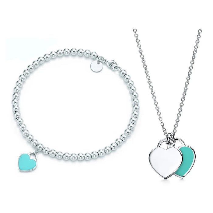 925 Sterling Silver Classic Tiffany Style Heart Charm Necklace And Bracelet Set On Sale - Blue Silver Heart