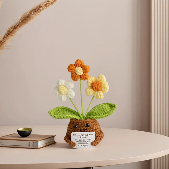 Handmade Positive Message Cute Upbeat Flowers Crochet Plush Dolls For Desktop And Home Decor On Sale