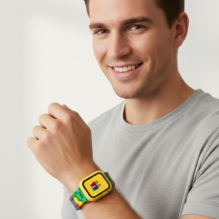 Colourful brick-style resin watch band with matching protective case compatible with Apple Watch 38mm–49mm on sale