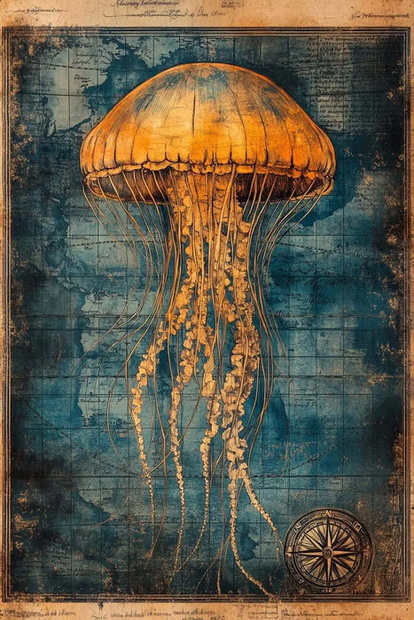 Jellyfish Illustration Artwork - Vintage Marine Life Canvas Print Nautical Treasure Map Wall Decor Ocean Theme Poster On Sale