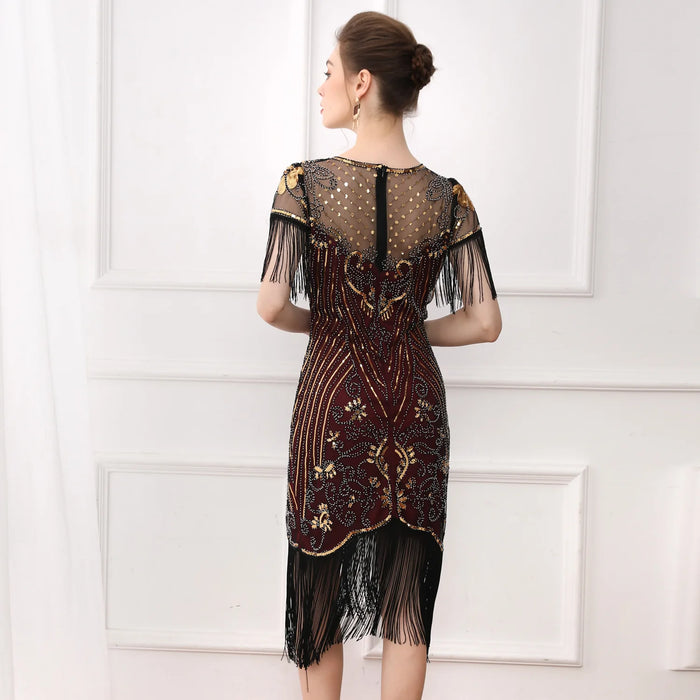 1920s Vintage Gatsby Style Red Semi-Sheer Lace Sleeve Sequin Fringed Flapper Cocktail Party Dresses On Sale