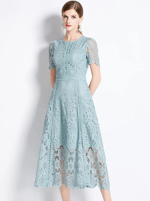 Elegant Vintage Style Lace Hollow Out Short Sleeve Long Dress On Sale