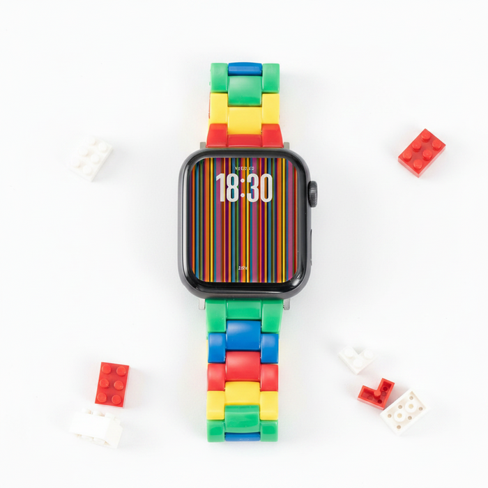 Colourful brick-style resin watch band with matching protective case compatible with Apple Watch 38mm–49mm on sale