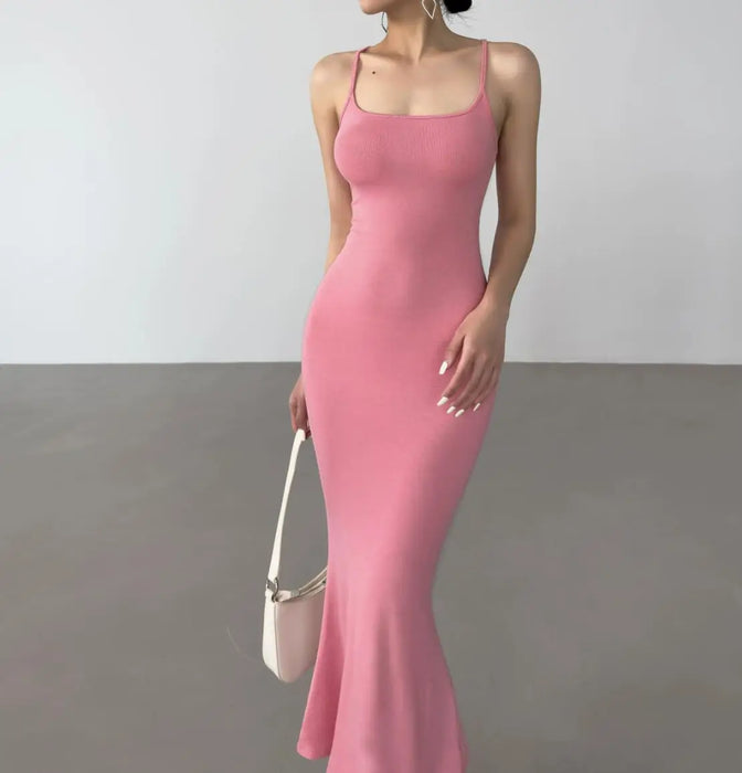 Pink Sexy Rope Lacing Back Casual Bandage Bodycon Long Dress On Sale