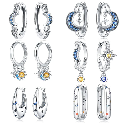 925 Sterling Silver Dreamy Celestial Elegance Star & Moon Hoop Earrings On Sale 