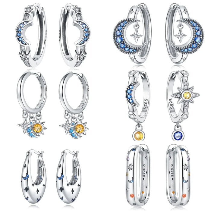 925 Sterling Silver Dreamy Celestial Elegance Star & Moon Hoop Earrings On Sale 