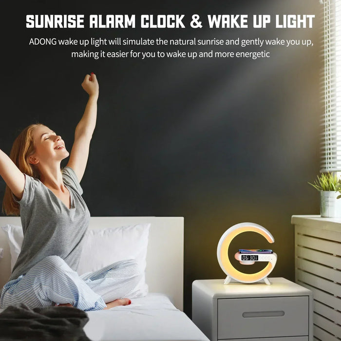 Smart Wireless Phone Charger with Bluetooth 5.0 Dual Speakers LED Alarm Clock and Atmosphere Night Light Lamp On Sale